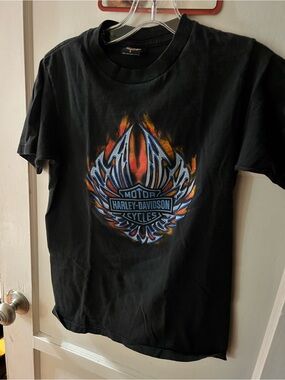 Harley-Davidson Black Short Sleeve Tee with Red-Orange and Blue Flame Shield